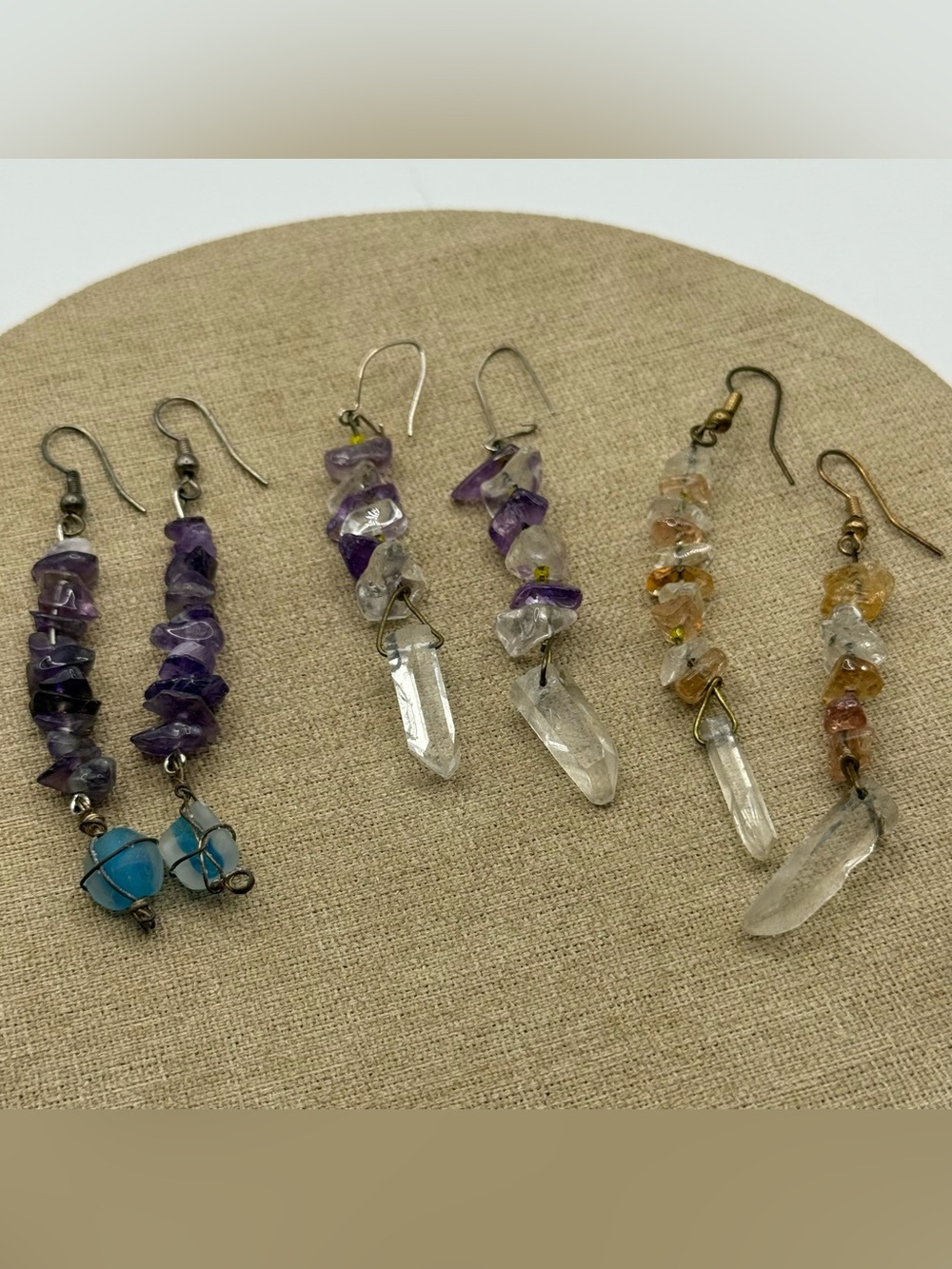 Set of 3 Handmade Amethyst and Clear Crystal Dangle Earrings - Women Jewelry